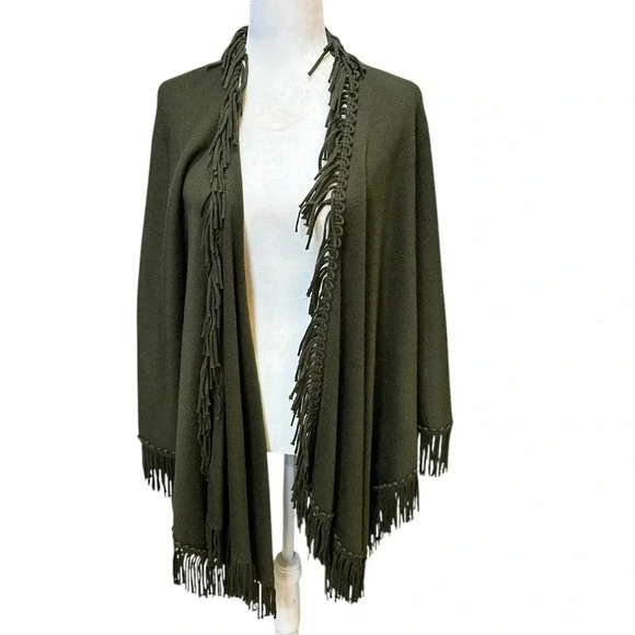 Coldwater Creek Shawl One Size Knit Wrap Fringe Olive Poncho - Picture 2 of 5